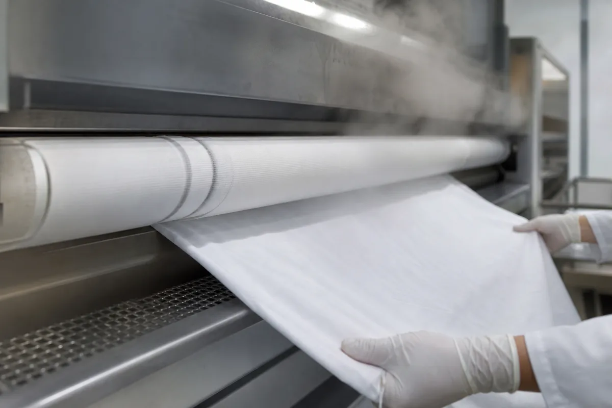 Calandre industrielle engageant des draps blancs dans une blanchisserie