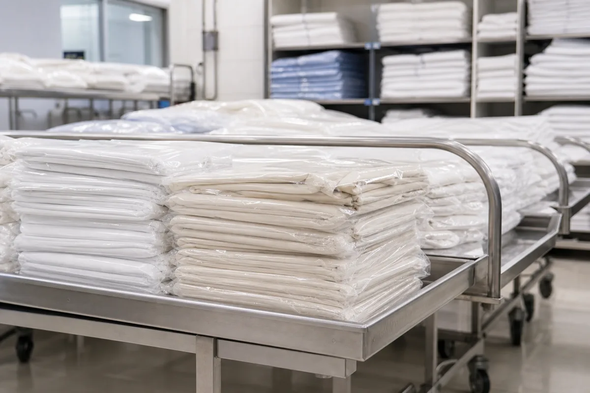 Piles de linge plié et filmé prêtes à être livrées sur des chariots