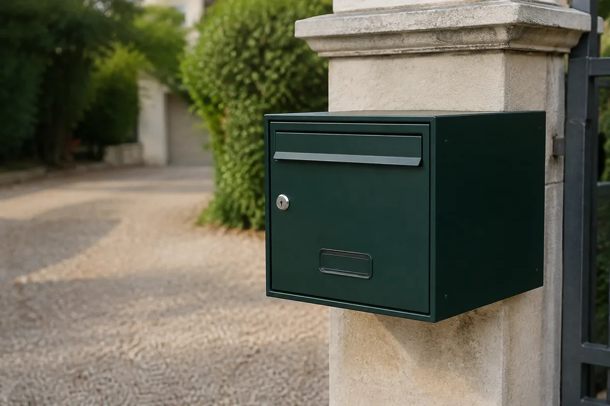 Boîte aux lettres extérieure en métal fixée sur un muret de clôture
