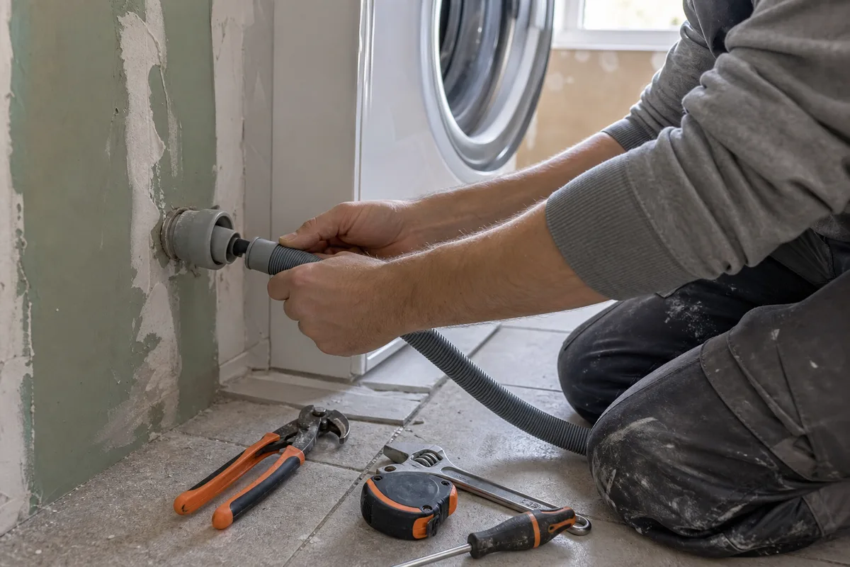 Artisan raccordant l’évacuation d’un lave-linge dans une buanderie en chantier