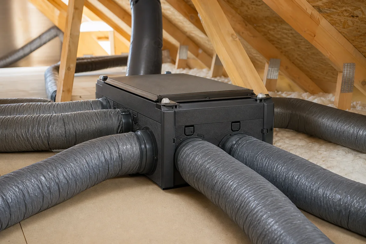 Caisson de VMC et gaines de ventilation installés dans les combles d’une maison
