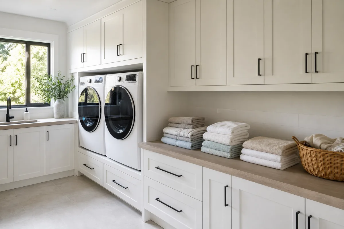 Buanderie moderne terminée avec lave-linge encastré, plan de pliage et rangements muraux