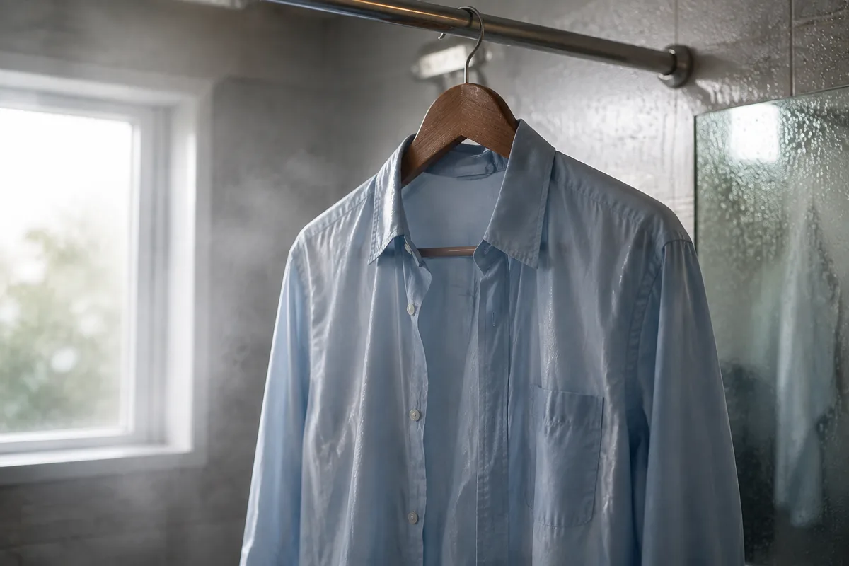 Chemise en coton clair suspendue à un cintre en bois dans une salle de bain embuée