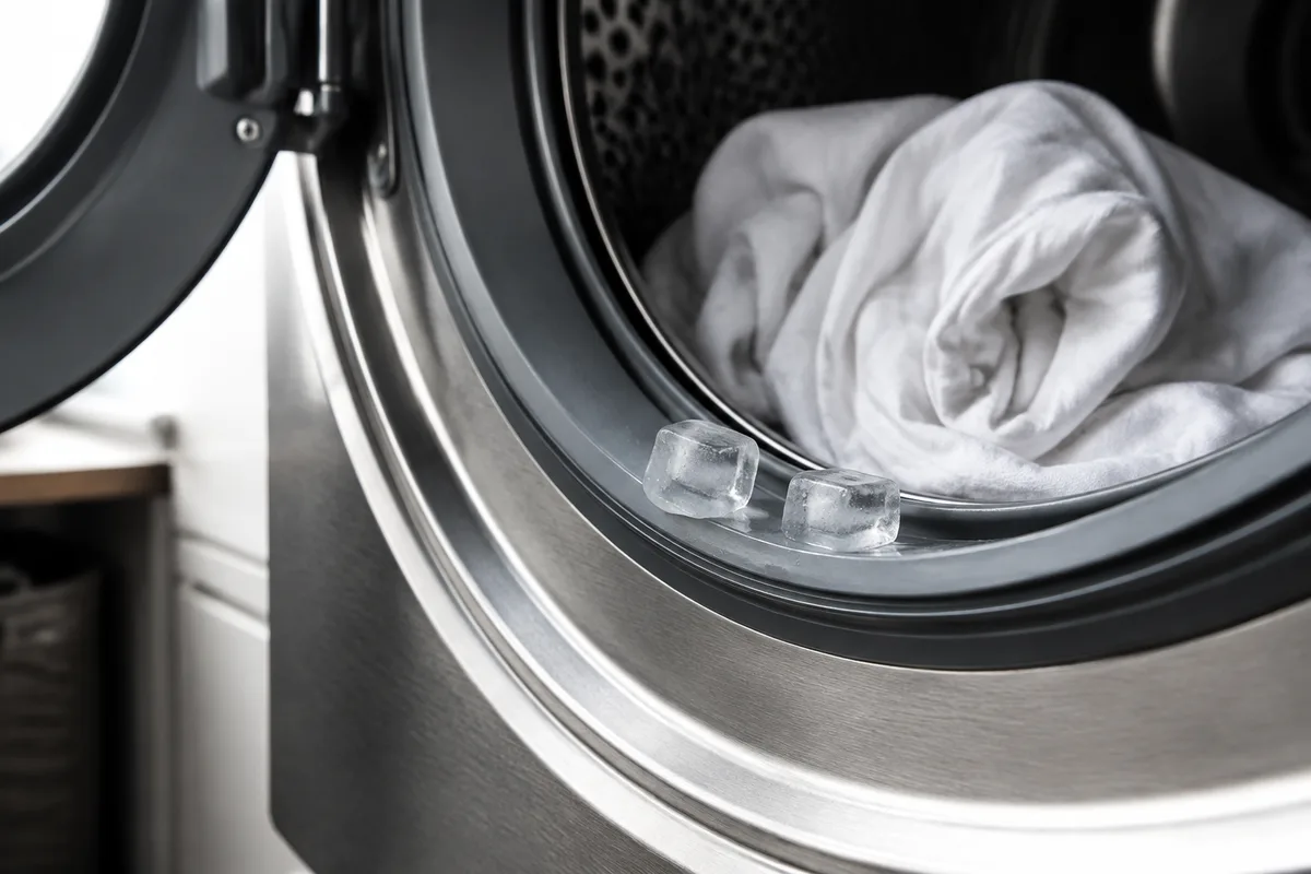 Deux glaçons posés au bord du tambour ouvert d’un sèche-linge avec un tee-shirt clair