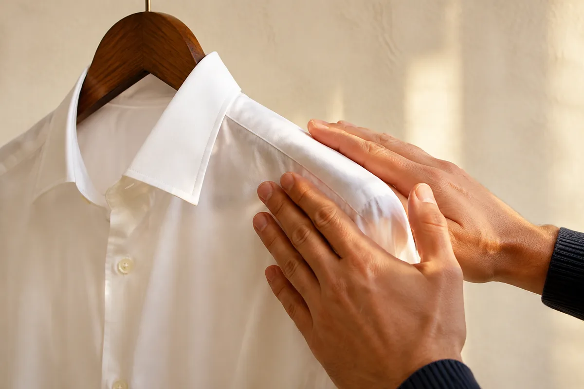 Mains lissant l’épaule d’une chemise suspendue à un cintre en bois large