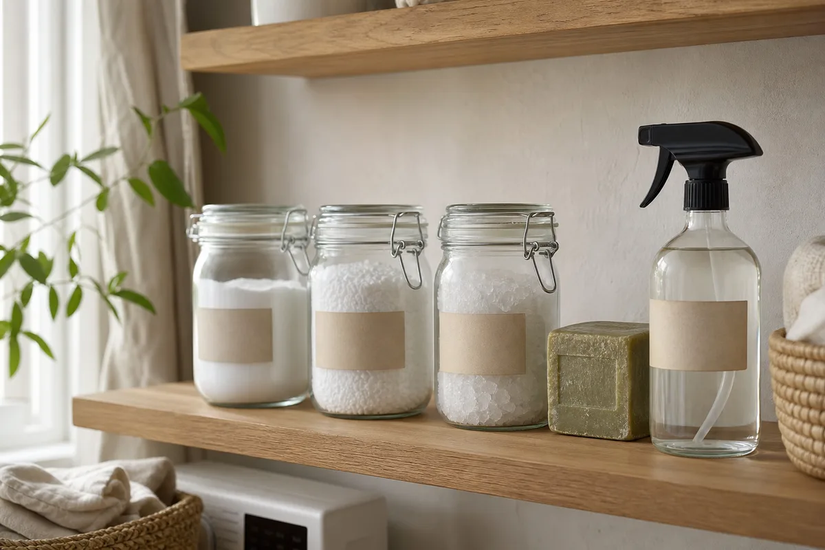 Produits naturels de détachage disposés sur une étagère de buanderie