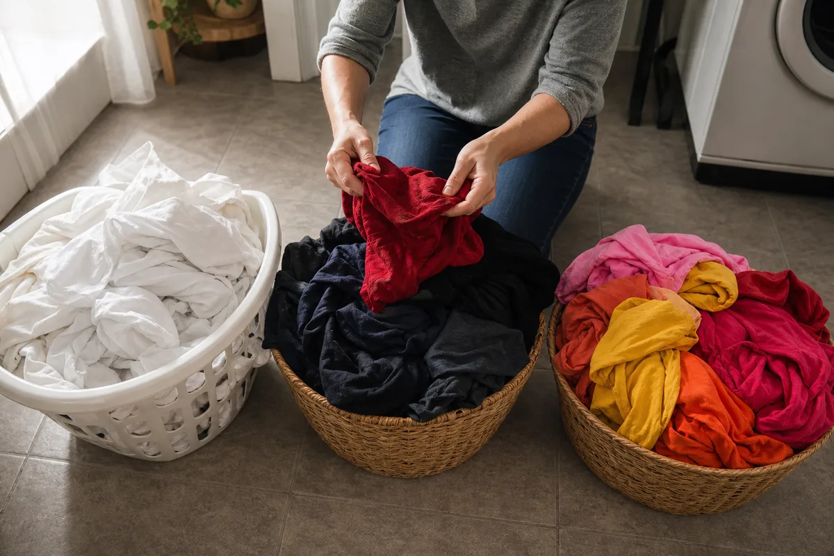 Panier de linge trié par couleurs dans une buanderie