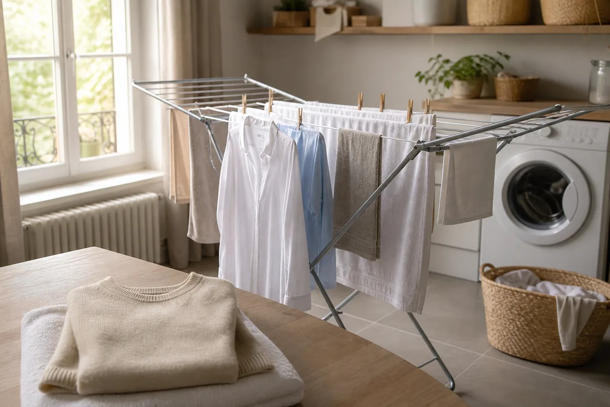 Étendoir de linge dans une buanderie lumineuse avec machine à laver