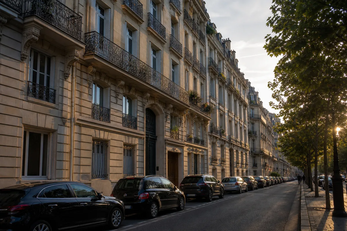 Rue résidentielle du 16e arrondissement de Paris avec immeubles en pierre de taille