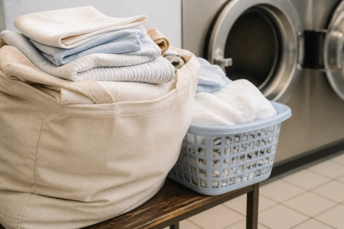 Sac de linge posé devant une rangée de machines dans une laverie libre-service