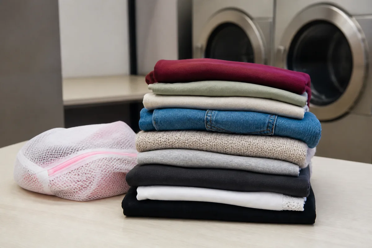 Linge fraîchement lavé plié sur une table de laverie près d’un sèche-linge