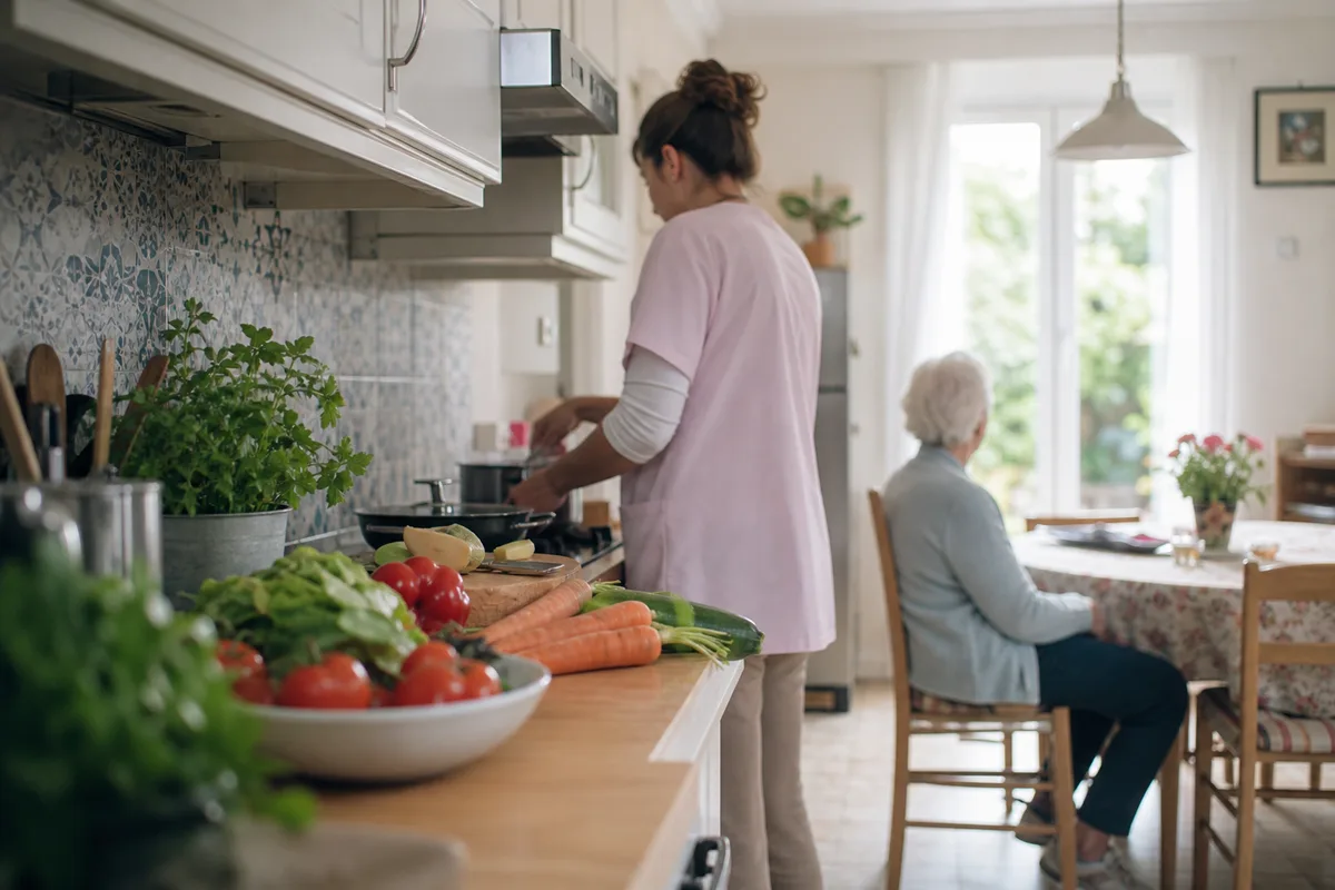 Aide à domicile préparant un repas dans la cuisine d’une personne âgée