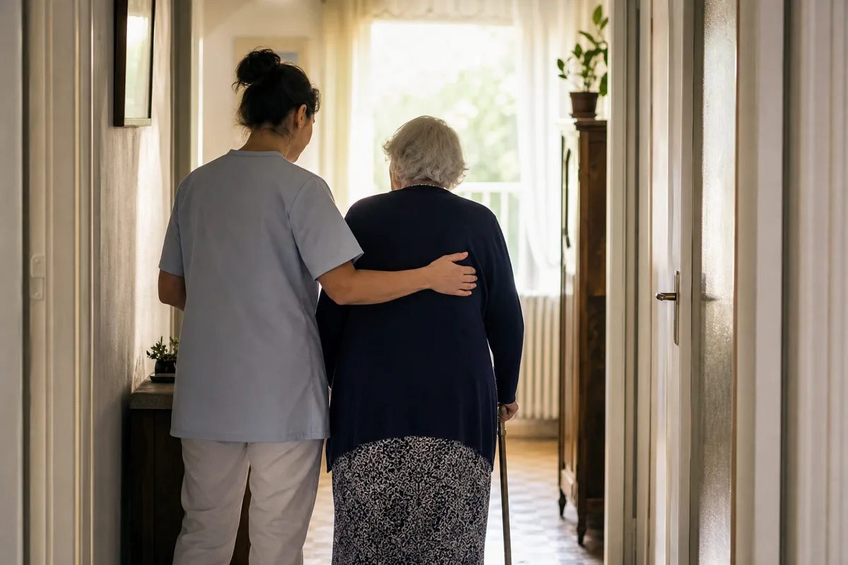 Auxiliaire de vie aidant une personne âgée à se déplacer dans un couloir lumineux