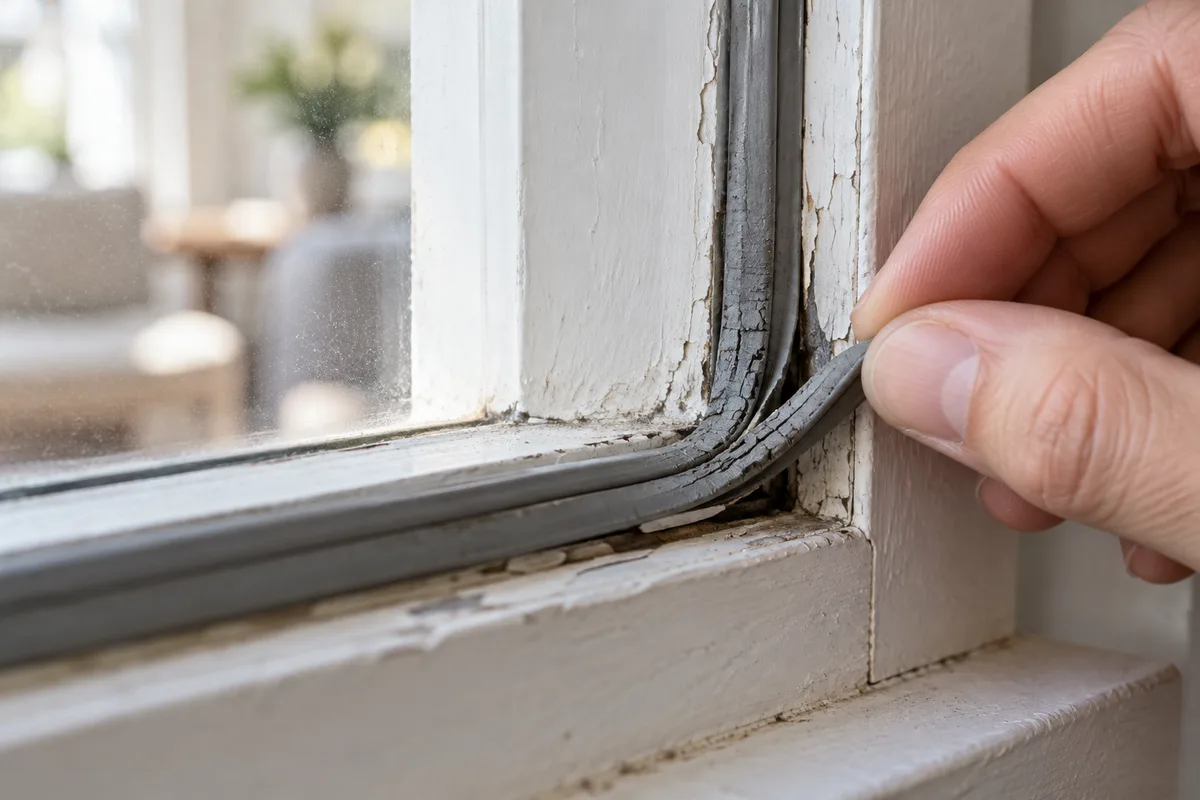 Détail d&rsquo;un joint de fenêtre craquelé et durci sur un cadre en bois peint blanc