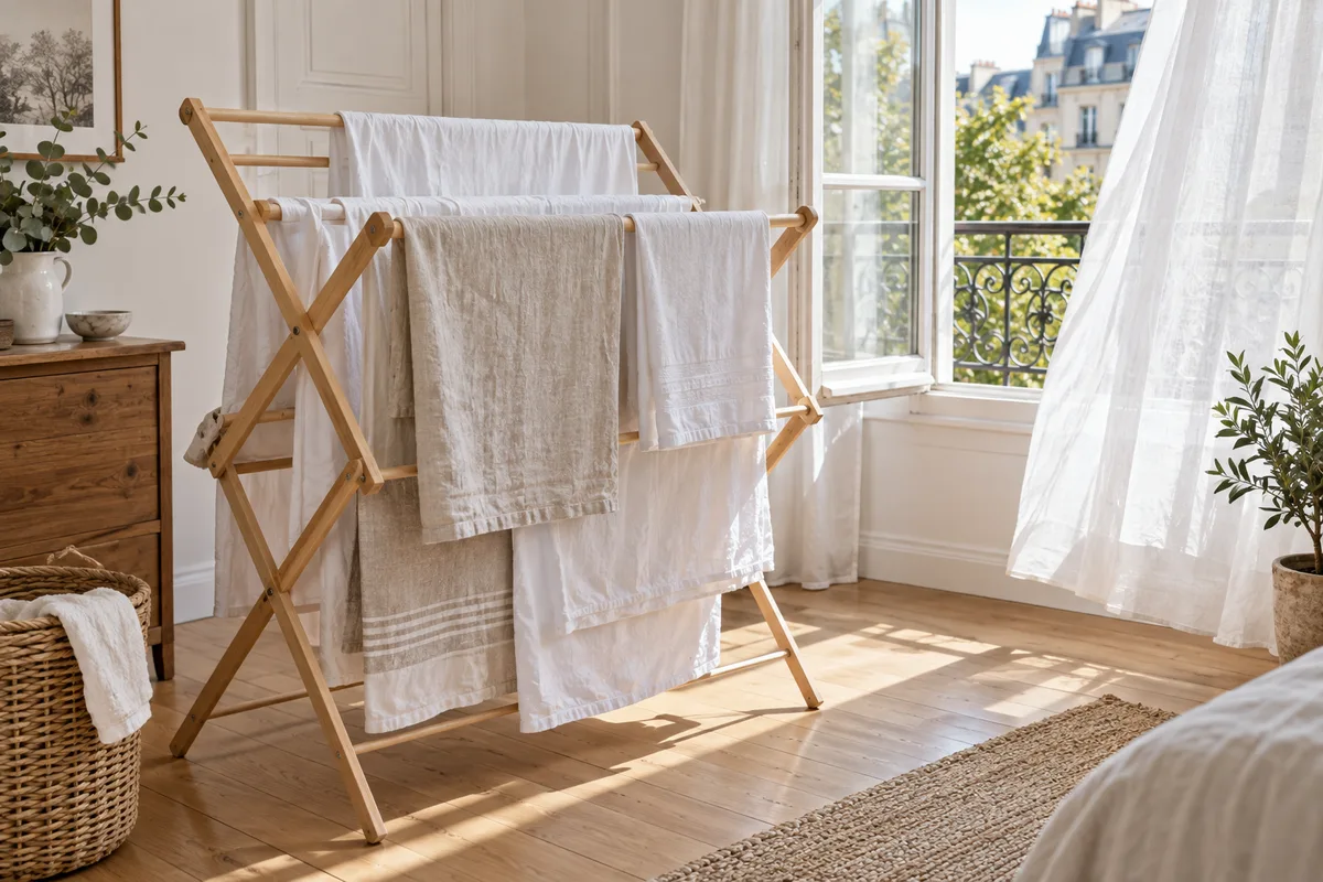 Linge étendu sur un séchoir près d&rsquo;une fenêtre lumineuse, dans une pièce claire et aérée