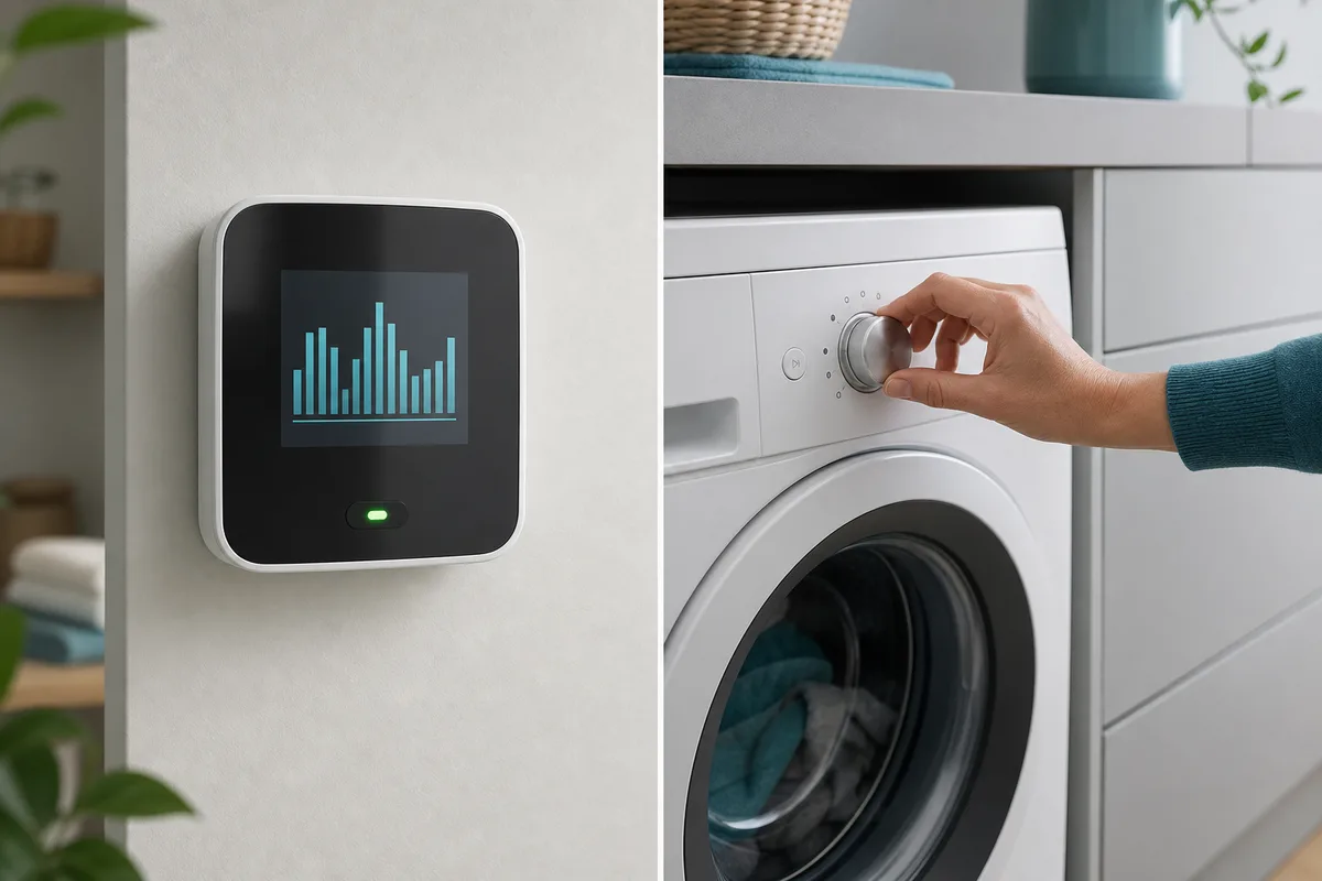 Compteur électrique Linky affichant la consommation d’un foyer, main réglant un bouton de programme de lave-linge