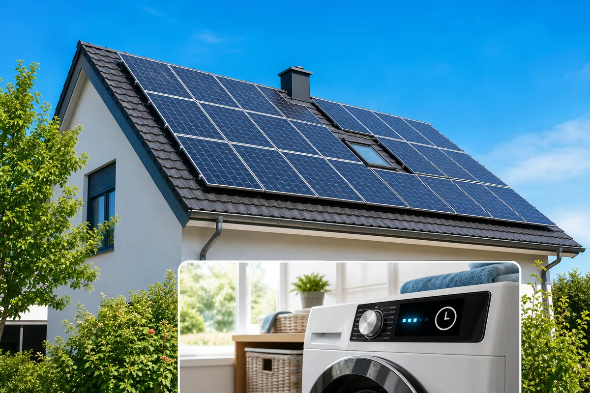 Panneaux solaires sur le toit d’une maison individuelle, lave-linge programmé en différé dans une buanderie lumineuse