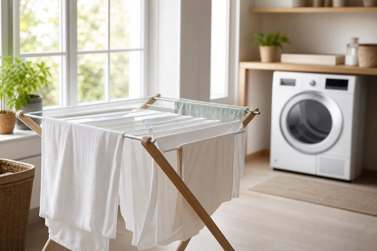 Linge étendu sur un séchoir près d’une fenêtre, sèche-linge à pompe à chaleur en arrière-plan d’une buanderie
