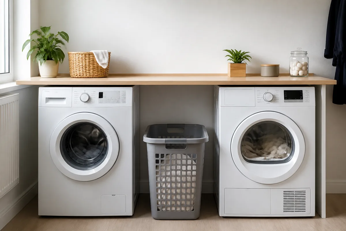 Sèche-linge et lave-linge côte à côte dans une buanderie claire avec panier de linge