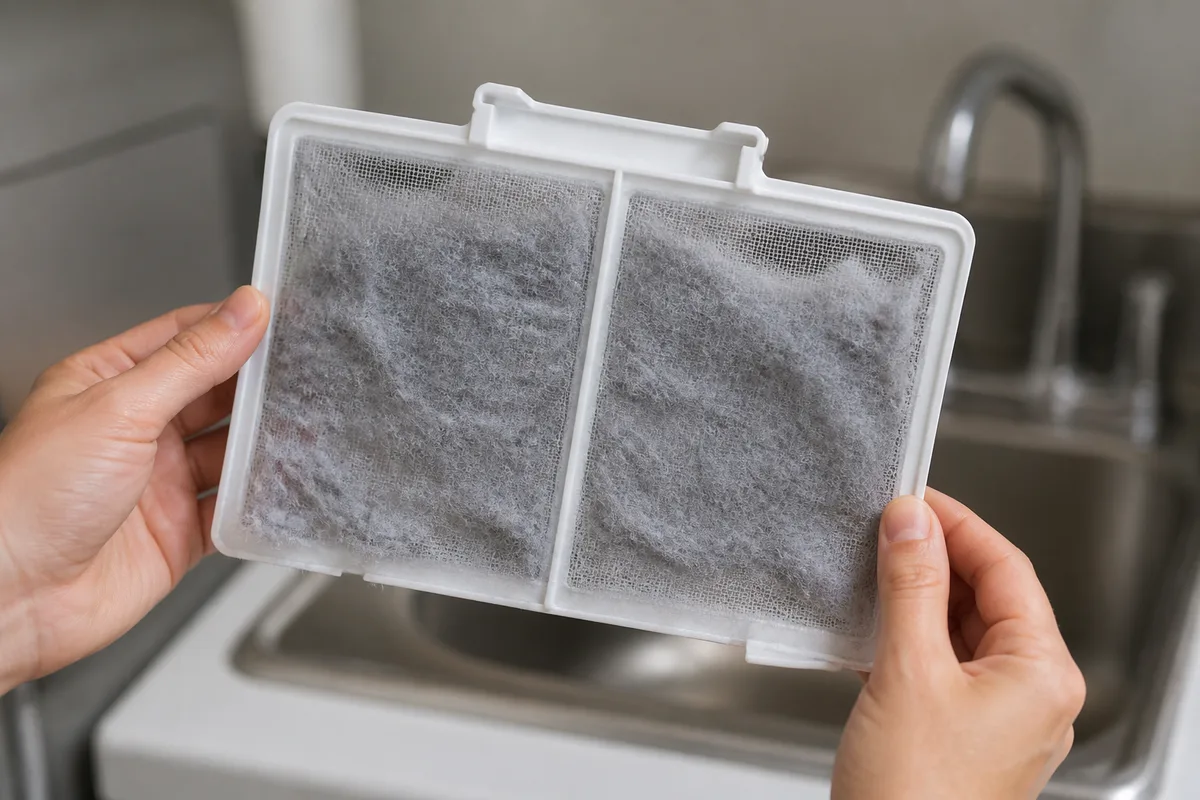 Filtre à peluches d&rsquo;un sèche-linge retiré et nettoyé à la main au-dessus d&rsquo;un évier