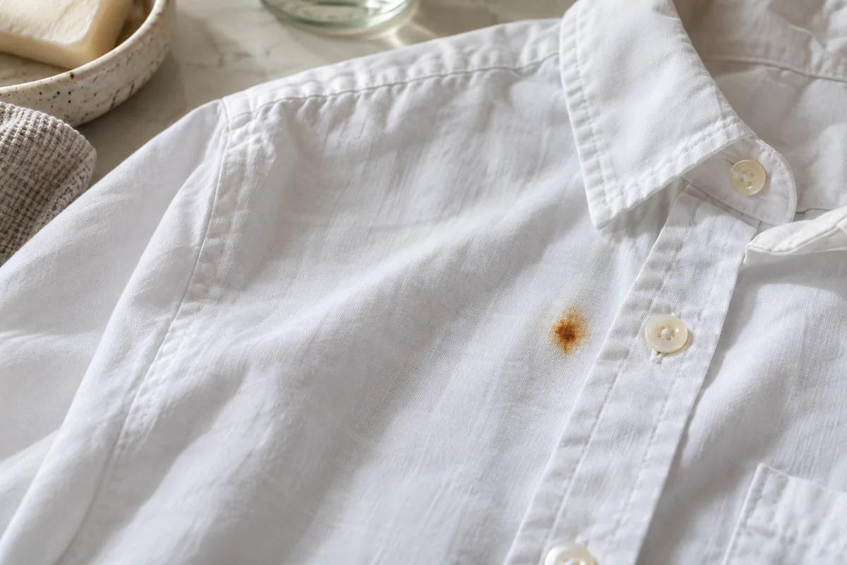 Chemise blanche en coton portant une petite tache orangée de rouille, posée sur un plan de travail clair