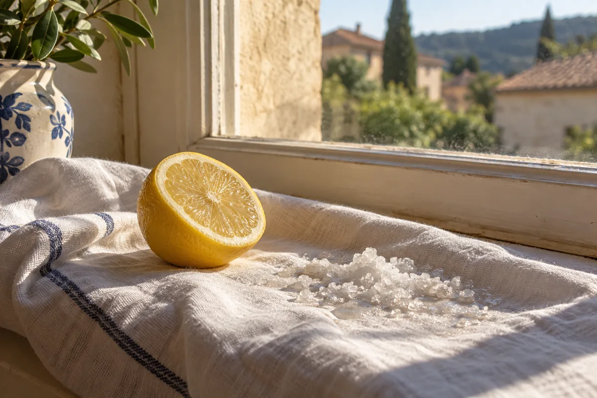 Demi-citron et sel fin posés sur un tissu blanc au soleil d&rsquo;une fenêtre