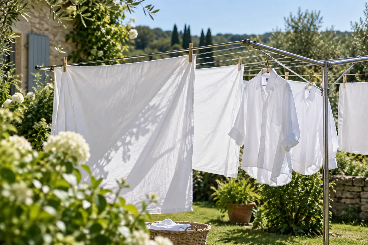 Linge blanc séchant au soleil sur un étendoir extérieur